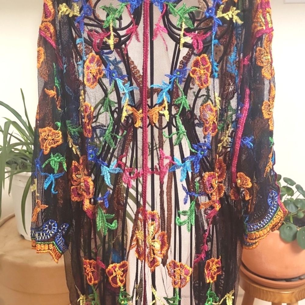 Pink and Black Kimono Swim Coverup with Dramatic Sleeves - Picture 7 of 15